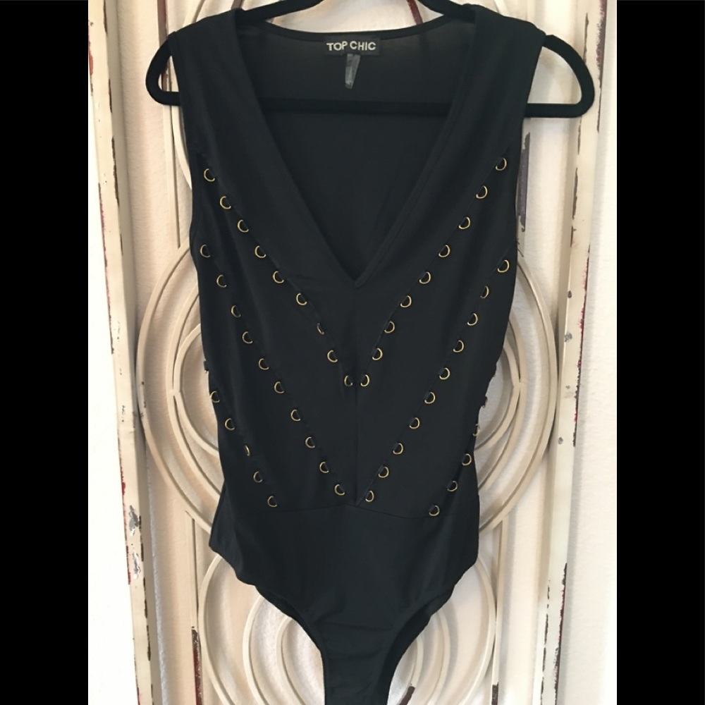 Black bodysuit with gold ring detail